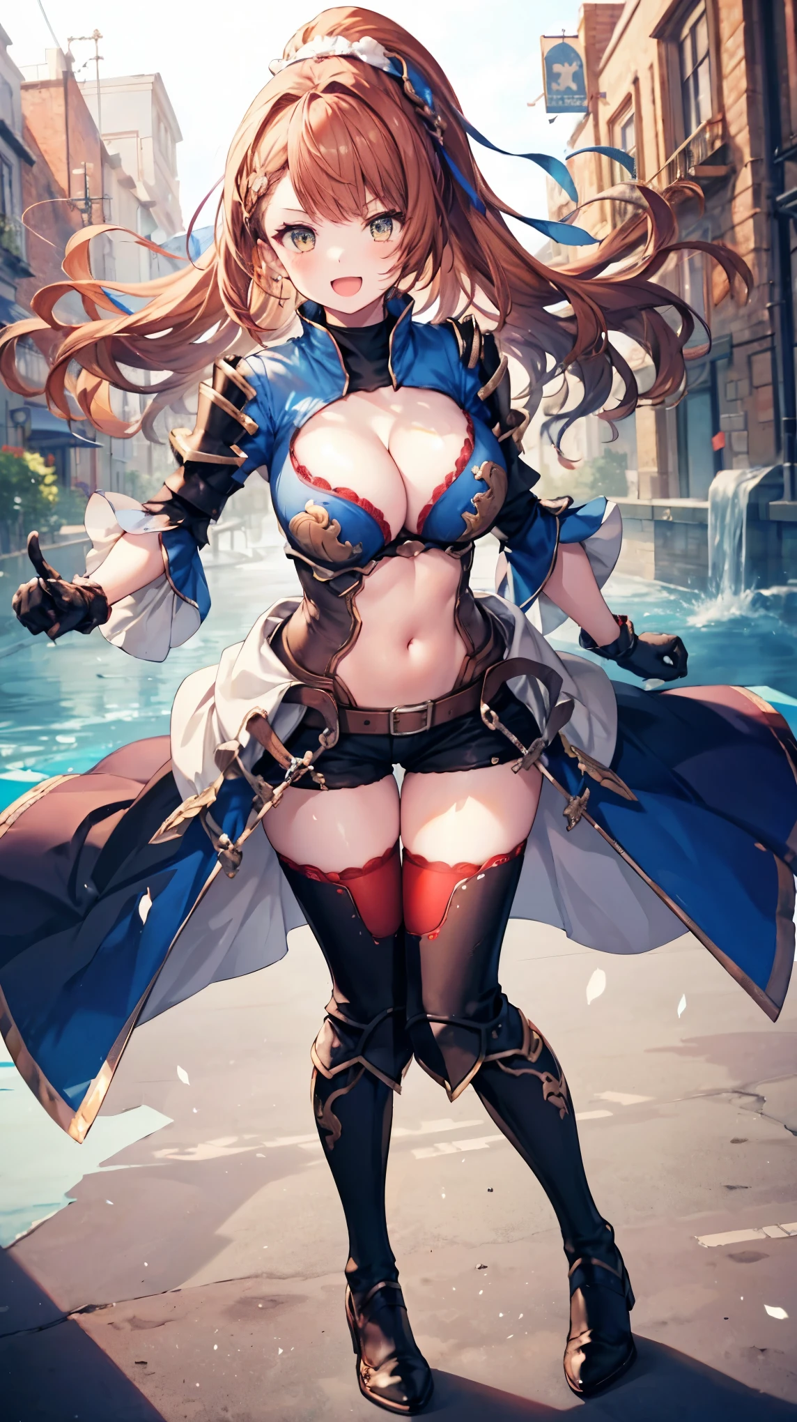 best quality, integrated scenery, integrated background, extremely delicate and beautiful, meticulous details, good composition, , cute face, perfect face, perfect hands,best quality, 1teen_girl,def,beatrix, ponytail, hair ribbon, gauntlets, blue shirt, gloves, cleavage cutout, looking at viewer, big_smile, large breasts, sky_landscape_background , old_townscape ,happy,(covered_nipples:0.7),young_teen,full_of_beans,,laugh,open_mouth,thigh-highs, glower,open_legs,rise_knee,(angry:0.8),short_shorts,crotch,(abs:0.8), trying_to_hug,pov