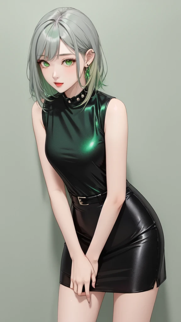 woman　 Rock Outfit　punk　Image Color　green　Grey Hair　 Slender Eyes　 standing above the knee　Black clothing　green色のアクセサリー　Green Eyes　No background　Beautiful face