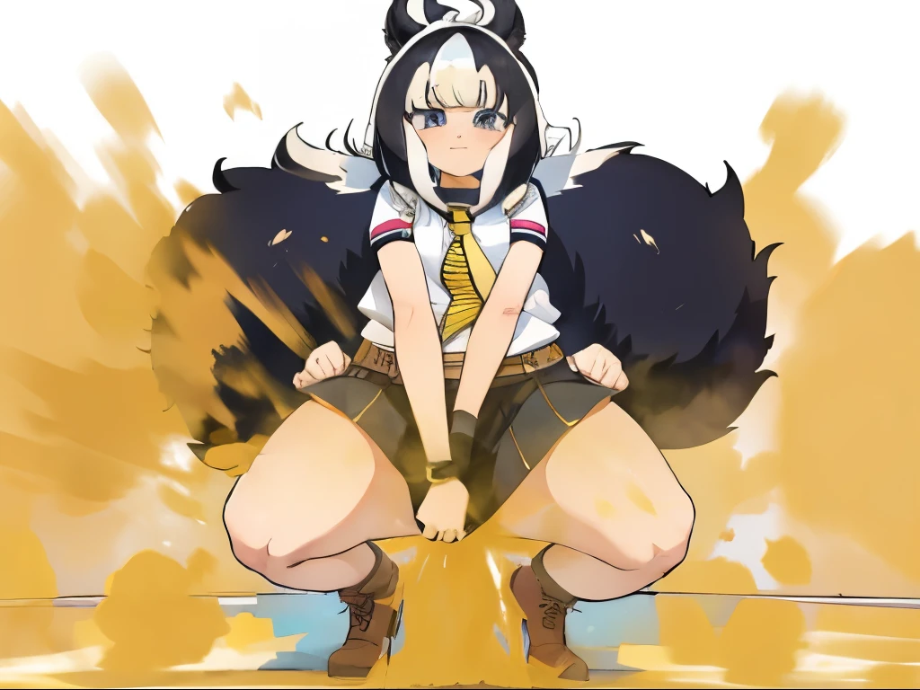 masterpiece, highest quality, (fart, farting, Yellow gas, 顔farting:1.3), ((お尻からのfart)), yellow smoke, (((skunk girl))), black hair, (((skunk tail))), (((big tail))), の上e tailed, (Skirt tail), animal ears