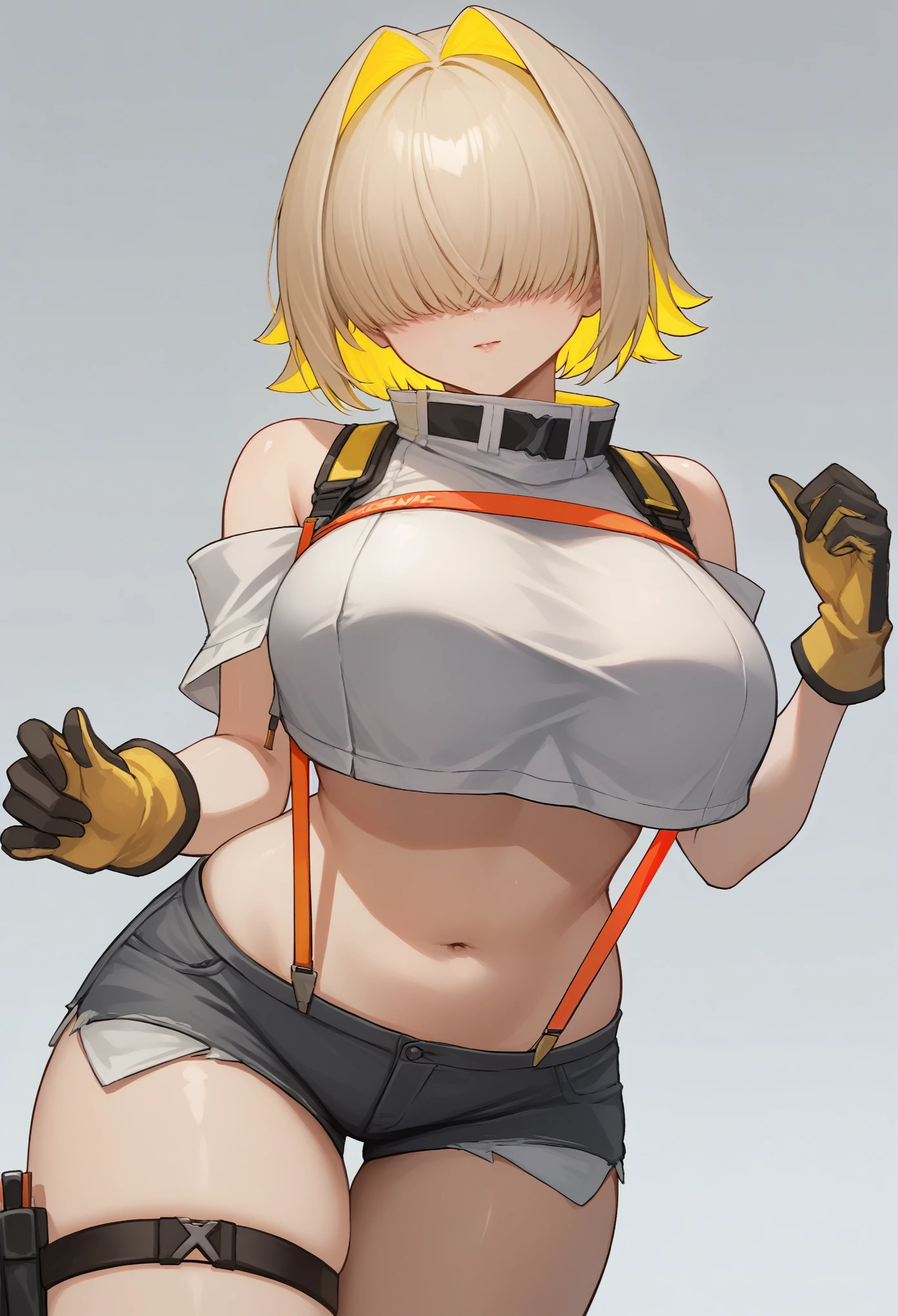 score_9, score_8_up, score_7_up, source_anime BREAK 1girl, solo, elegg, short hair, bangs, hair intakes, multicolored hair, hair over eyes, crop top, bare shoulders, suspenders, midriff, navel, short shorts, thigh strap, gloves, large breasts, trying_to_hug