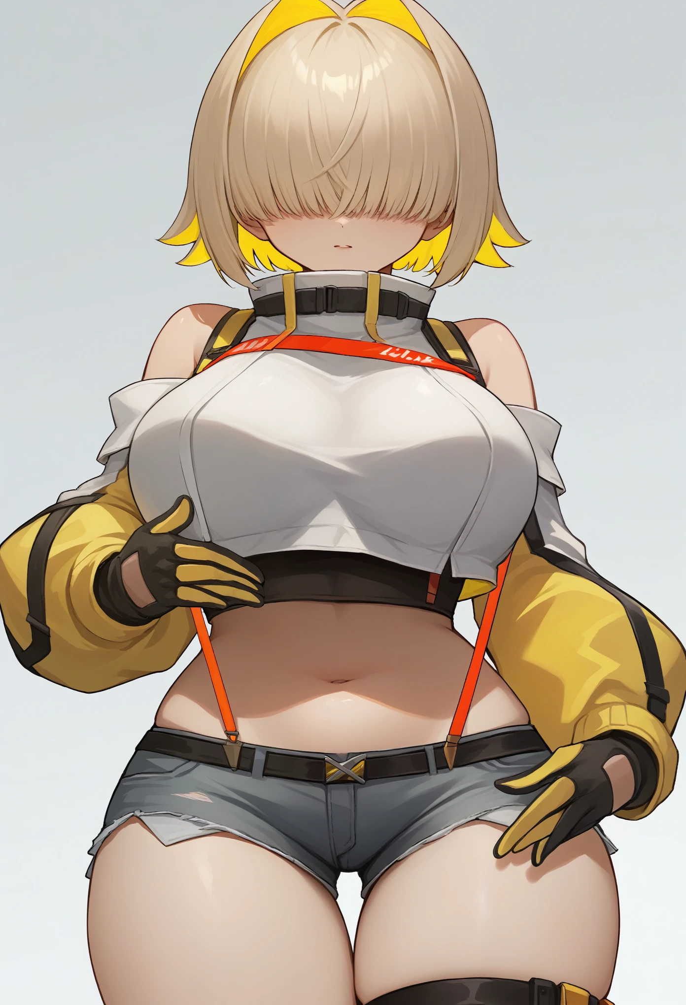 score_9, score_8_up, score_7_up, source_anime BREAK 1girl, solo, elegg, short hair, bangs, hair intakes, multicolored hair, hair over eyes, crop top, bare shoulders, suspenders, midriff, navel, short shorts, thigh strap, gloves, large breasts, trying_to_hug