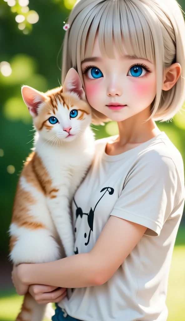 top-quality、 girl holding a calico cat、 blue eyed calico cat 、cute、 short bob、Dog illustration Ｔshirt、白いイラストTshirt、 natural appearance 、、Natural Light