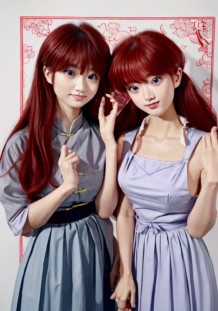 Create Female Ranma, Clear outline, Full body color photo, ( Beautiful and delicate eyes), ( pretty face:1.3), Wakaki's Smiling Face , long red hair， Bangs,  blue-gray eyes ,  big eyes， Chubby  ，(Chinese Hansel :horse face long skirt),top:  Fit Purple Chiffon High Waist Loose Elegant Nine Split Pleated Long Skirt(actual:1.2),(Floral),   (actual上下身衣服是:3.7. Scale)。