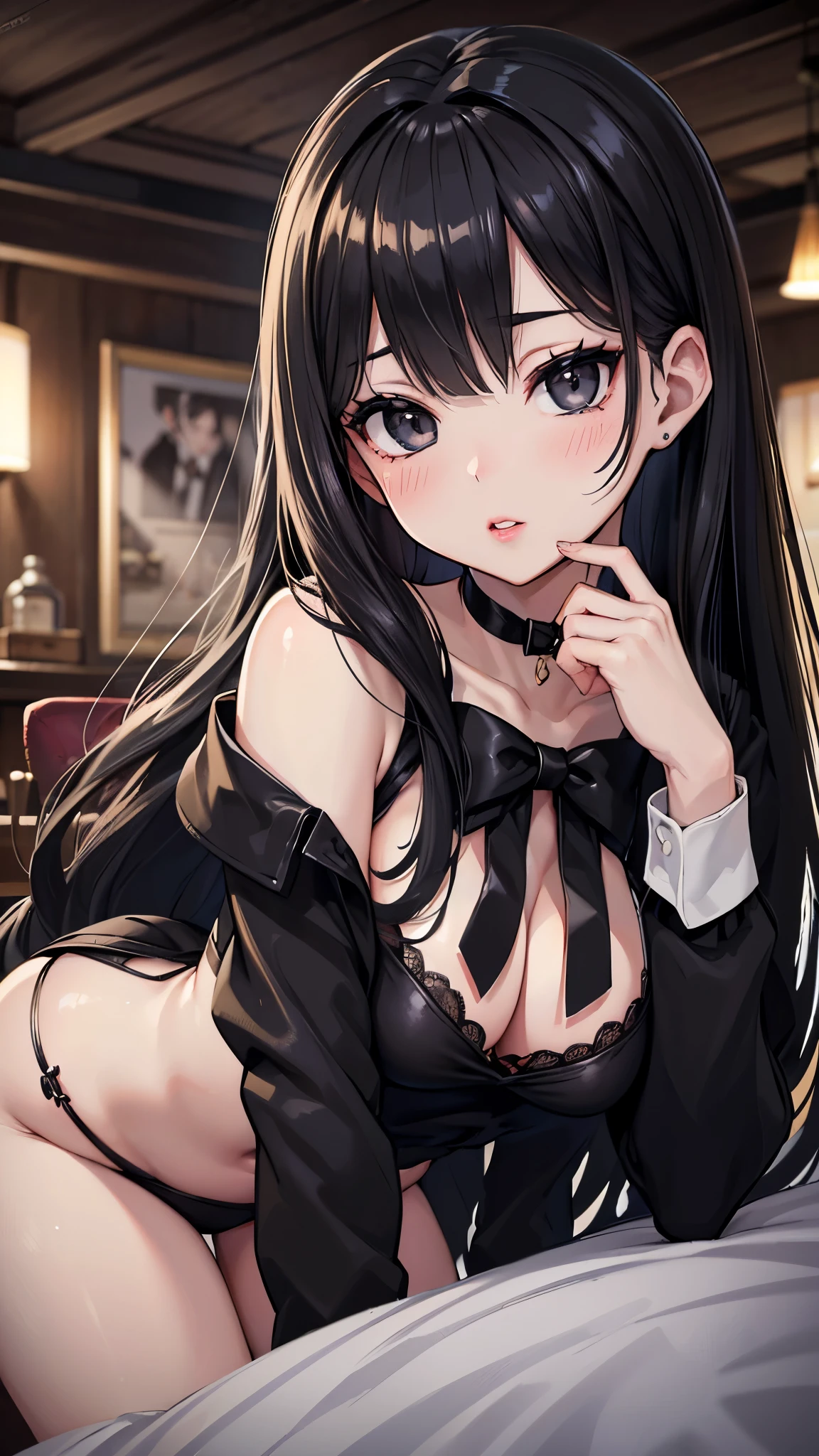 4K,Anime, girl, Pose, bent over, Beauty, bed sheet, C(Bunny Girl:1.5),(Black Playboy Bunny:1.0), (Bunny ears),