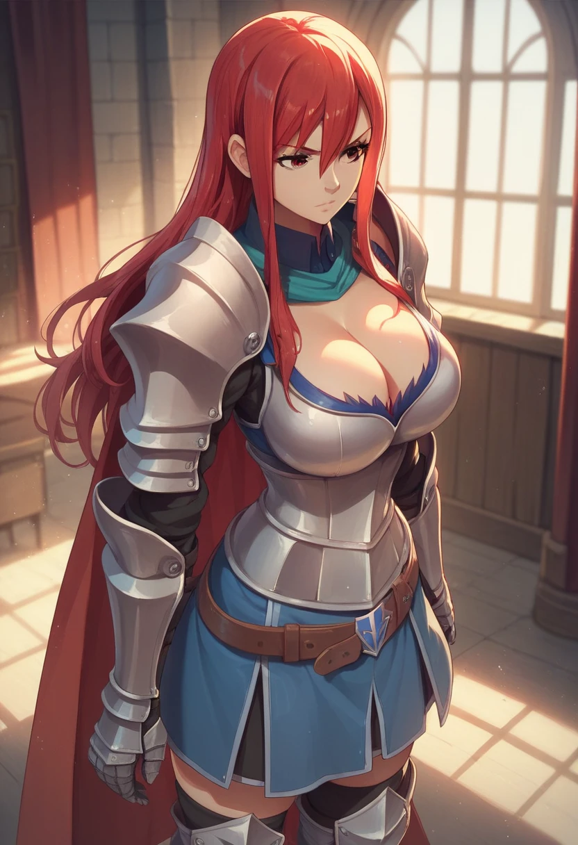 erza scarlet, long hair, red hair, hair between eyes, brown eyes,
skirt, thighhighs, cleavage,  belt, cape, armor, gauntlets, , greaves, knight,, big breasts, room, indoors,