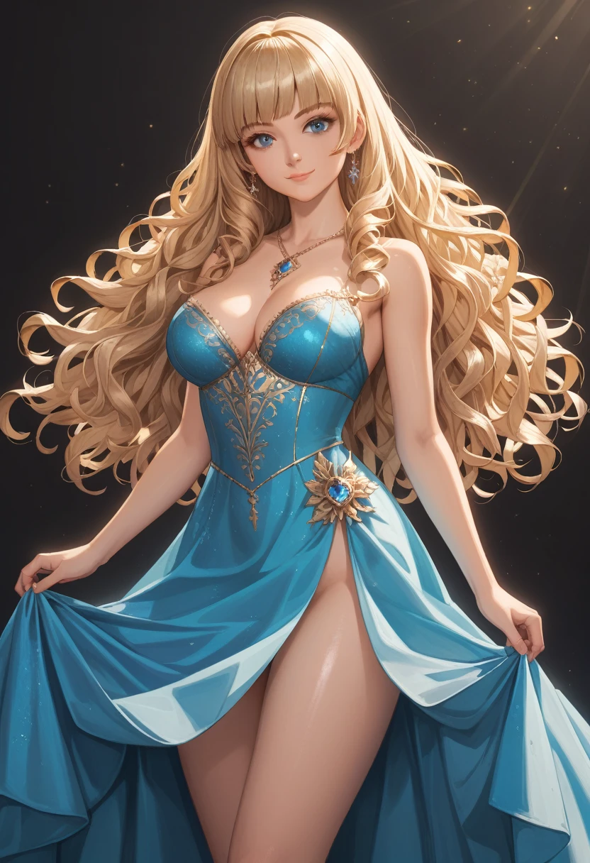 score_9, score_8_up, score_7_up, score_6_up, score_5_up, score_4_up,highest quality、High resolution、Highly detailed CG Unity 8K wallpaper、(masterpiece, best quality, very aesthetic, absurdres, :1.0), (1girl, full legs, blonde hair, seductive smile, kawaii anime face, very cute face,  :1.0), Portrait, detailed face, perfect body, unparalleled beauty, Curvy but slender body, perfect eyes, perfect face, perfect lighting, fine clothes, 1girl, Detailed indoor background、long hair, curly hair, fine clothes, Bright and beautiful face, young shiny glossy white shiny skin, the best beauty, the most beautiful bright blonde hair in the world, thin hair, super long straight hair, Shining beautiful bangs, Shining crystal clear big blue eyes, Very beautiful lovely most beautiful girl in the world、big and full breasts、tits、beautiful thighs, a sexually excited look, sexy dress with elaborate decoration, (((Sexually seducing))), seductive smile, erotic thighhighs,high heels ,  sexy thighs, full legs, realistic body