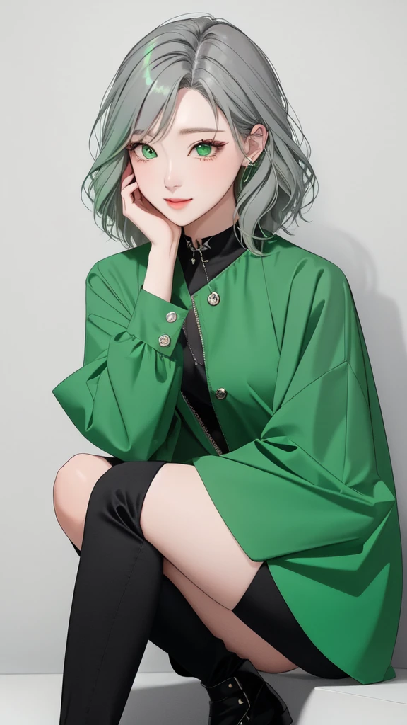 woman　 Rock Outfit　punk　Image Color　green　Grey Hair　 Slender Eyes　 standing above the knee　Black clothing　green色のアクセサリー　Green Eyes　No background　Beautiful face