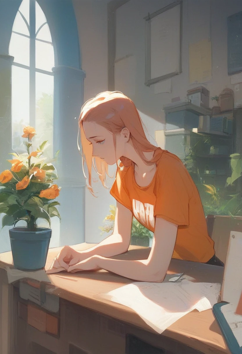 (masterpiece) (ultra_detailed) (best quality) shinomiya kikoru , wearing light orange t-shirt , doing homework at a desk , room sitting on a chair , small a plant in a flower pot in the background , beautiful , 1 girl , medium shot to close shot , hair down , pov (from top) (look over) (from the side), side profile (looking down) doing her work, t-shirt display orange knight from castle crashers. 