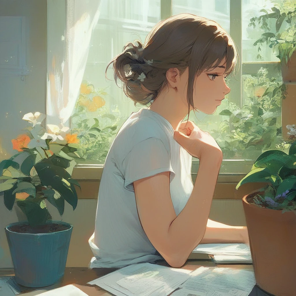 (masterpiece) (ultra_detailed) (best quality) shinomiya kikoru , wearing t-shirt , doing homework at a desk , room sitting on a chair , small a plant in a flower pot in the background , beautiful , 1 girl , medium shot to close shot , hair down , pov (from top) (look over) (from the side), side profile