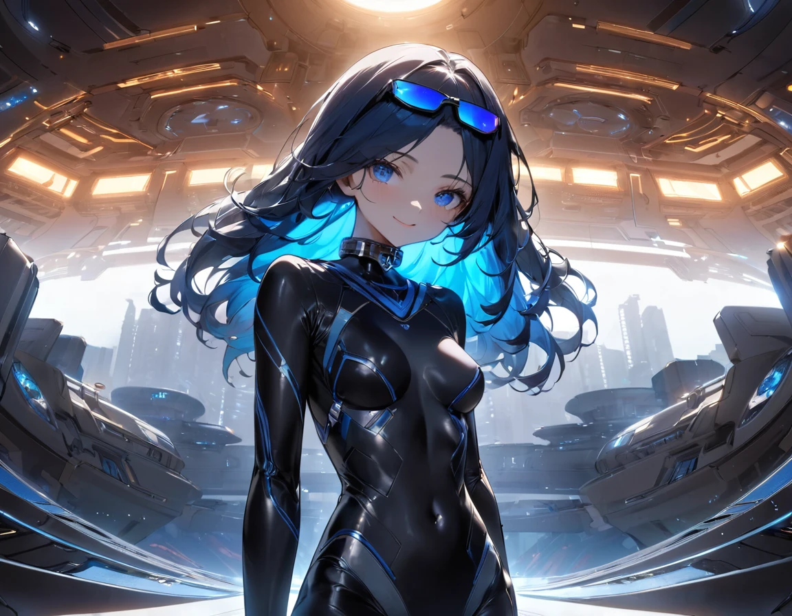 (((Best quality, 8k, Masterpiece: 1.3)), ((best quality)), ((masterpiece)), (detailed), perfect face, perfect body, A beautiful blue-haired girl wearing kamina shades, a sci-fi action set on Mars in the 2500s, a body suit with a black base that emits a glow, a complex pattern that emits light, a smiling face, and blue eyes staring at you, cowboy shot, from side, anchor choker, cinematic lighting, sparkle