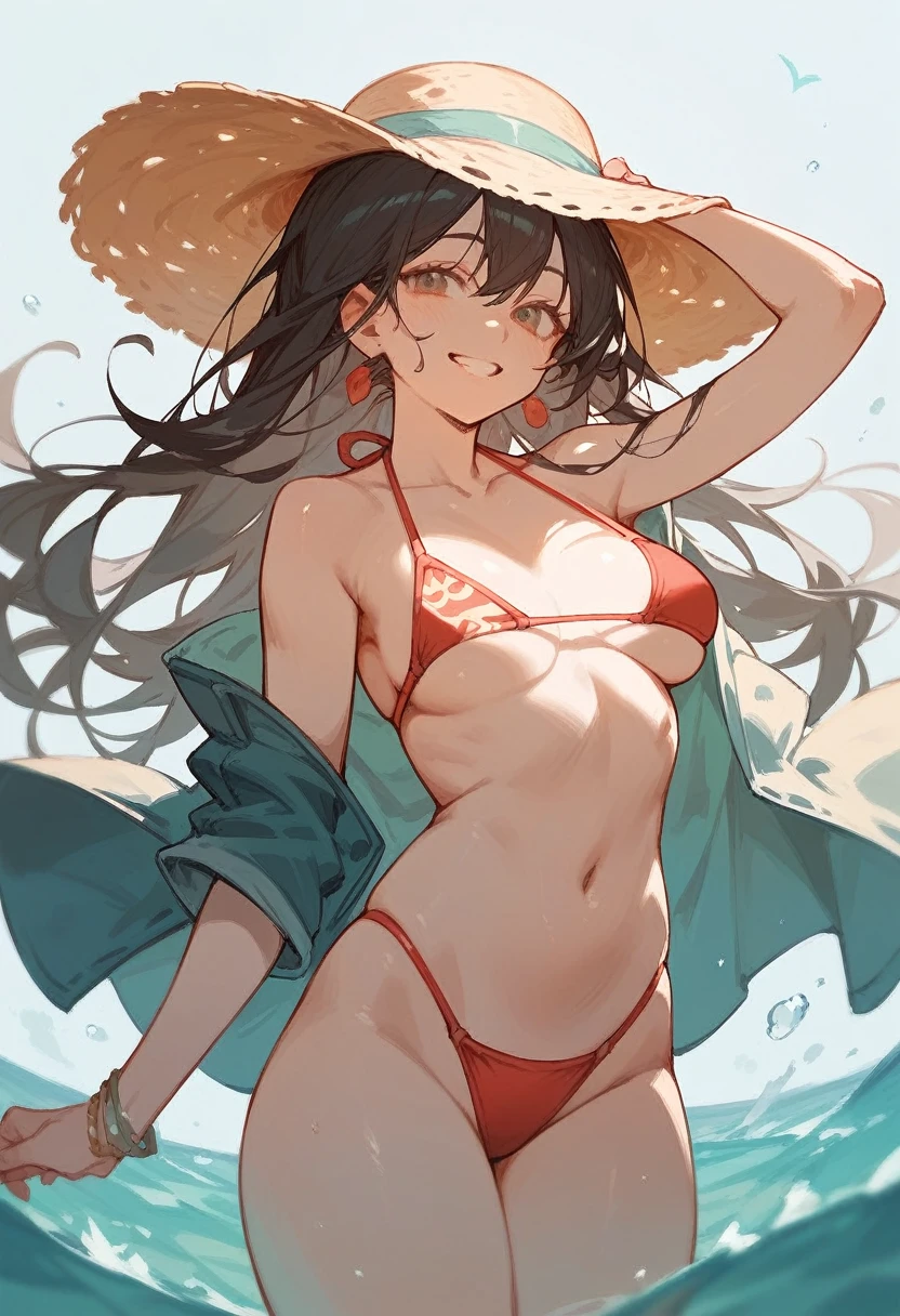 anime girl in a bikini and hat on the beach, extremely detailed artgerm, in the beach, swimsuit, at the beach, at a beach, anime moe artstyle, zerochan art, is wearing a swimsuit, realistic bikini, on a beach, on a sunny beach, attire: bikini, seductive anime girl, bathing suit, beautiful, cuteness, peace