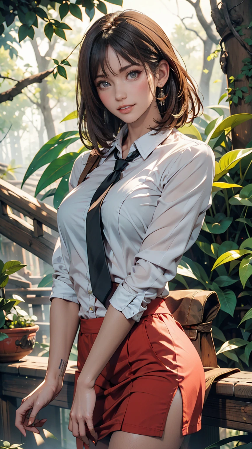 masterpiece, Best Quality, Best Quality,  1 girl, Alone,  in an ancient forest , , Tezuka Rin, (  Armless Amputee :1.2), Brown Hair,  color,  colored shirt, ( Double Amputee  :1.2), green eyes, katawa shoujo,  red tie , shirt,  short hair, Alone, white shirt,  Rozhkin, Green,  accurate teeth with gaps  