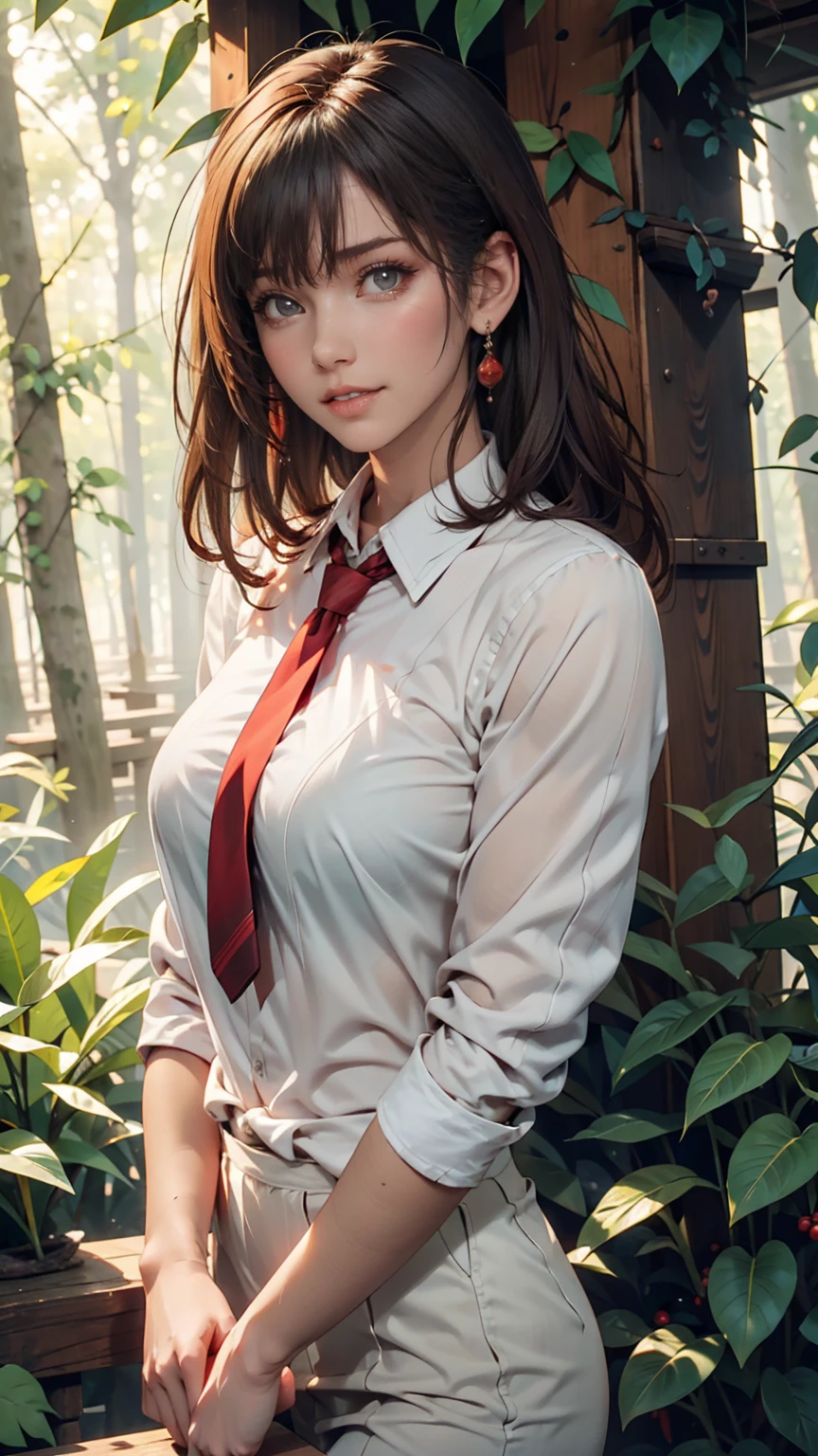 masterpiece, Best Quality, Best Quality,  1 girl, Alone,  in an ancient forest , , Tezuka Rin, (  Armless Amputee :1.2), Brown Hair,  color,  colored shirt, ( Double Amputee  :1.2), green eyes, katawa shoujo,  red tie , shirt,  short hair, Alone, white shirt,  Rozhkin, Green,  accurate teeth with gaps  