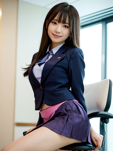 (Stylish pink panties:1.1), ((business suit:1.2, navy skirt:1.3)), sitting, office chair, arms crossed in front of chest, from below, ((masterpiece)), ((best quality)), (ultra-detailed), ((beautiful eyes)), Japanese female, (slender), ((30 years old)), (cheerful grin:1.3), beautiful,