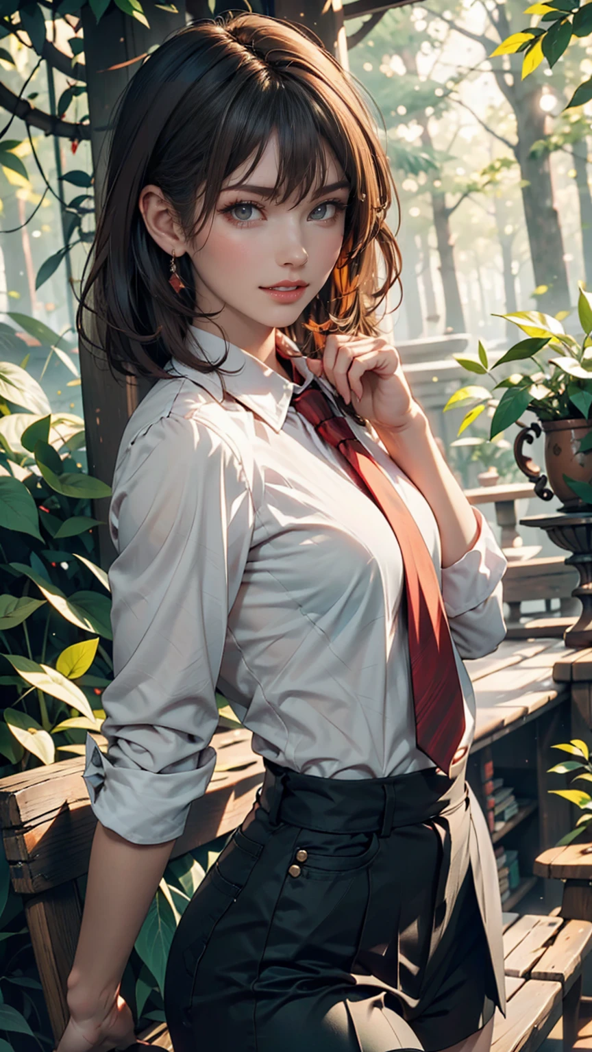 masterpiece, Best Quality, Best Quality,  1 girl, Alone,  in an ancient forest , , Tezuka Rin, (  Armless Amputee :1.2), Brown Hair,  color,  colored shirt, ( Double Amputee  :1.2), green eyes, katawa shoujo,  red tie , shirt,  short hair, Alone, white shirt,  Rozhkin, Green,  accurate teeth with gaps  