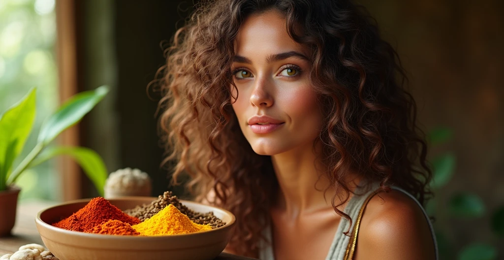 a beautiful woman with curly brown hair, vibrant colored spices in a bowl on a table, realistic, photorealistic, 8k, masterpiece, high detail, warm lighting, vibrant colors, natural setting, serene atmosphere