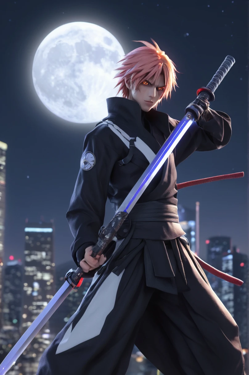 Ichigo Kurosaki, face with maximum detail in high resolution, faithful to the anime, facial expression in high resolution, clothes also with the highest fidelity and details possible, futuristic clothes and accessories, dynamic fighting poses with katana Tensa Zangetsu, high rendering , futuristic neon city lighting, starry night, waning moon.