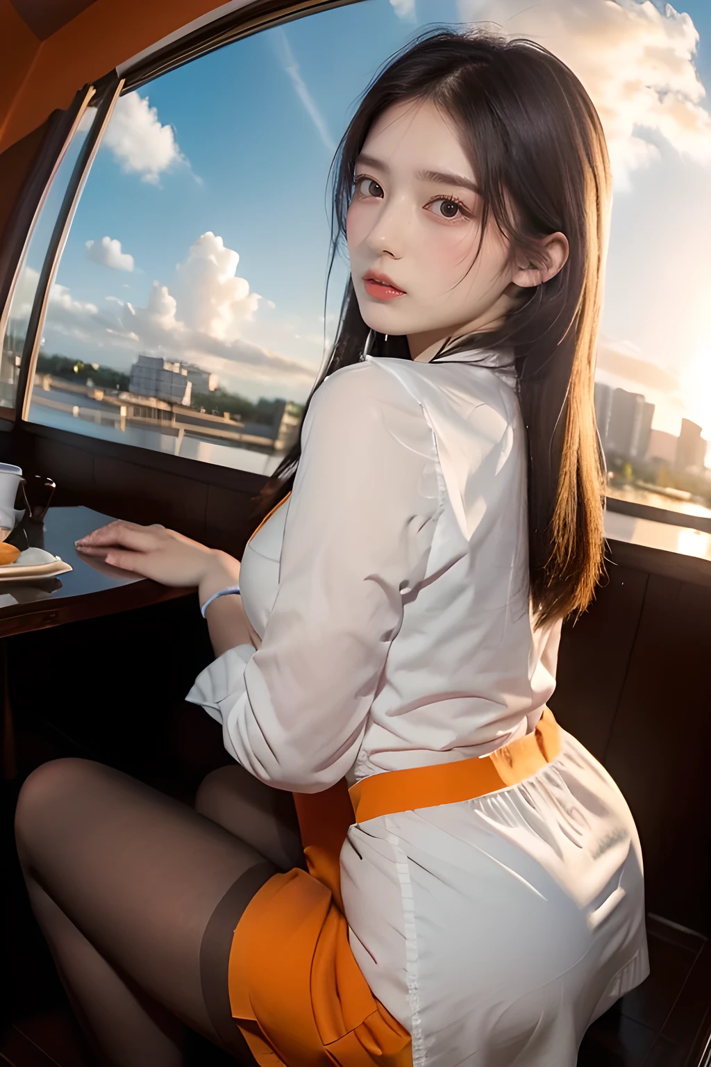 Masterpiece, top-quality, High school girl, sitting in seashore , Photorealistic, (Plump breast:1.4), (Closeup:1.5),Beautiful hair, staring at viewers, (Blushed face:1.3), (maid uniform:1.3), staring at viewers, Blushed face, (Brack Pantyhose:1.3), Cowboy shot, 
(Looking back:1.4), (Sundown cafe:1.3),(Beautiful orange sky and clouds:1.3), (Fisheye lens:1.4),
