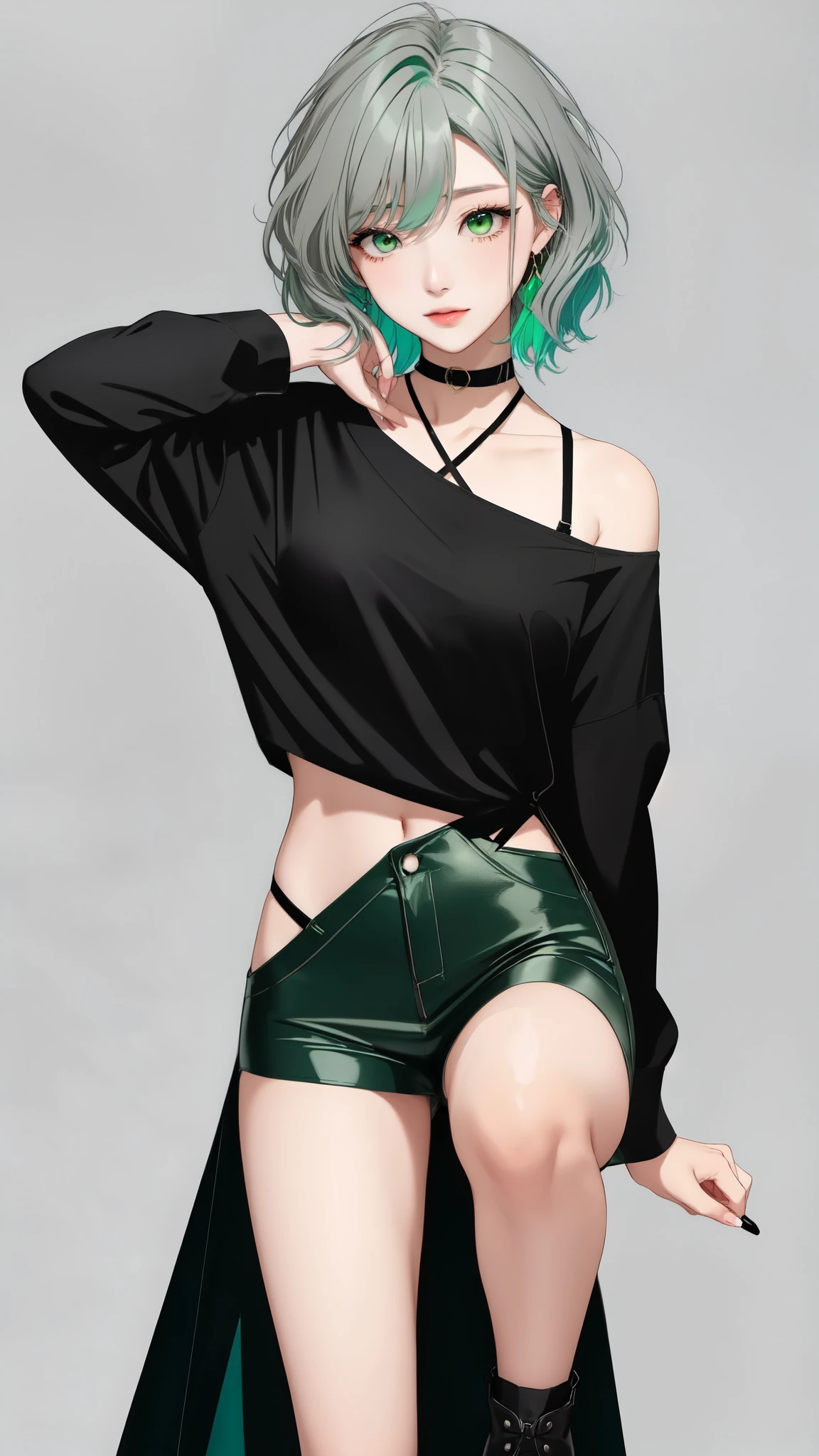 woman　 Rock Outfit　punk　Image Color　green　Grey Hair　 Slender Eyes　 standing above the knee　Black clothing　green色のアクセサリー　Green Eyes　No background　Beautiful face