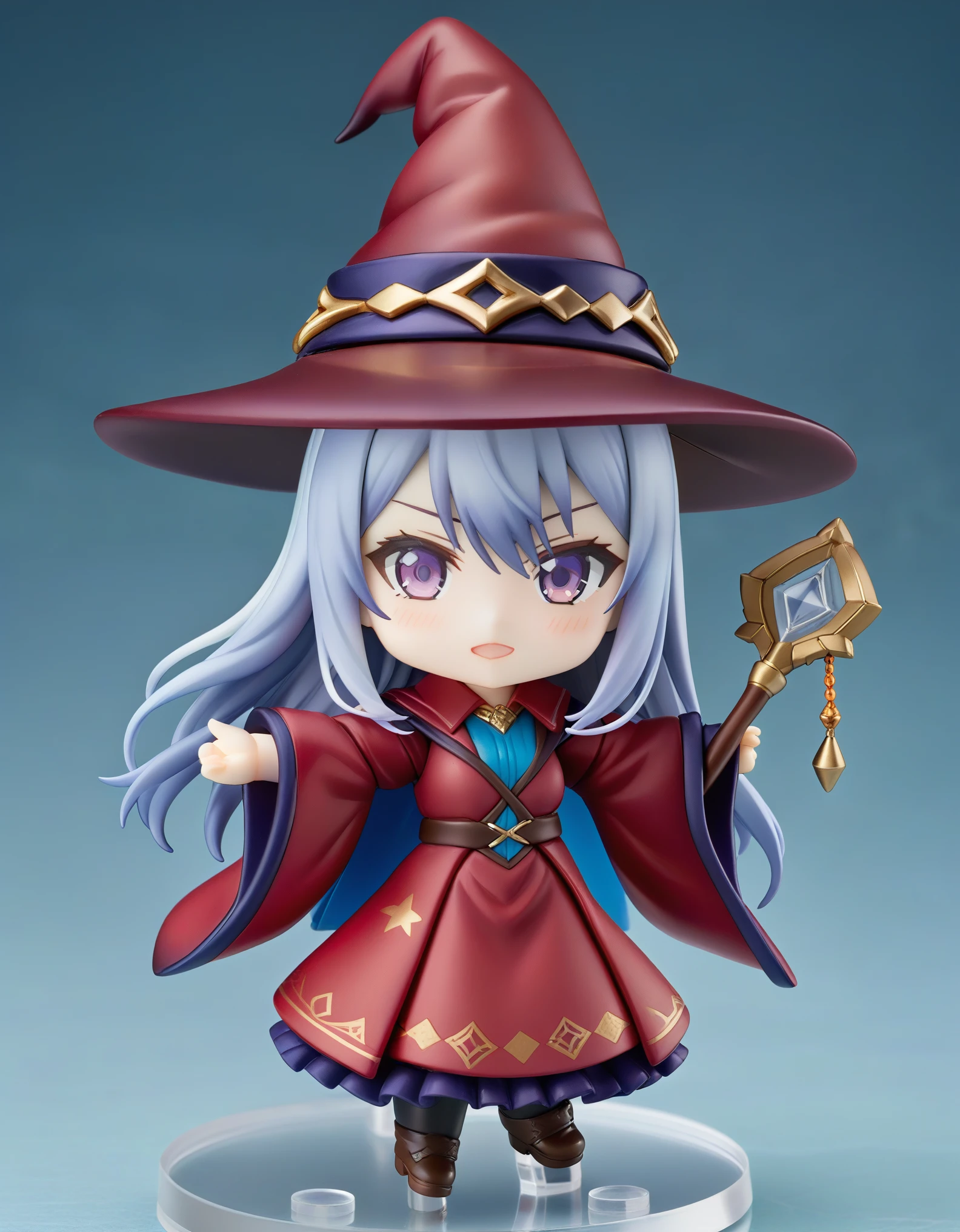 Masterpiece, hd, best quality, detailed, elaina \(majo no tabitabi\),purple eyes, grey hair, white hair, long hair,witch hat,collared shirt,robe,wide sleeves,pleated skirt,frilled skirt,pointy footwear, brown boots, standing, fullbody, chibi, nendoroid, pvc