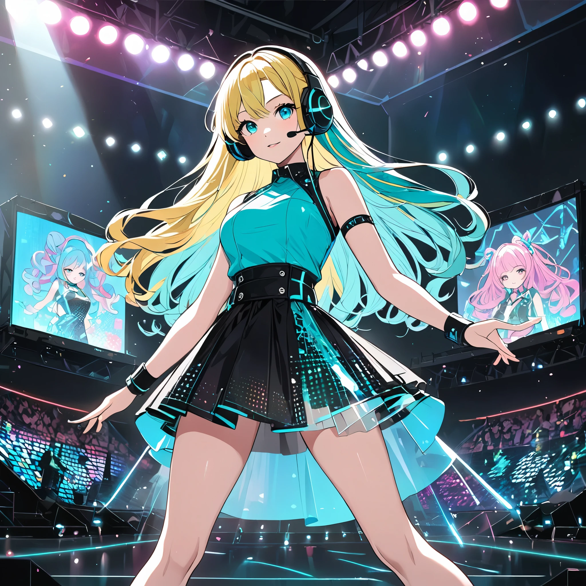 illustration, pop art,best quality, hologram concert, virtual singer, ((Whole body translucent)), ringlets hair, , ((highlights hair, multicolored hair)) ,upper body only, waist-up projection, long turquoise hair, futuristic stage setup, neon lights, digital particles floating, Headset Microphonses, singing pose, vibrant lighting effects, audience lights in background, immersive virtual atmosphere, sci-fi concert hall, captivating performance