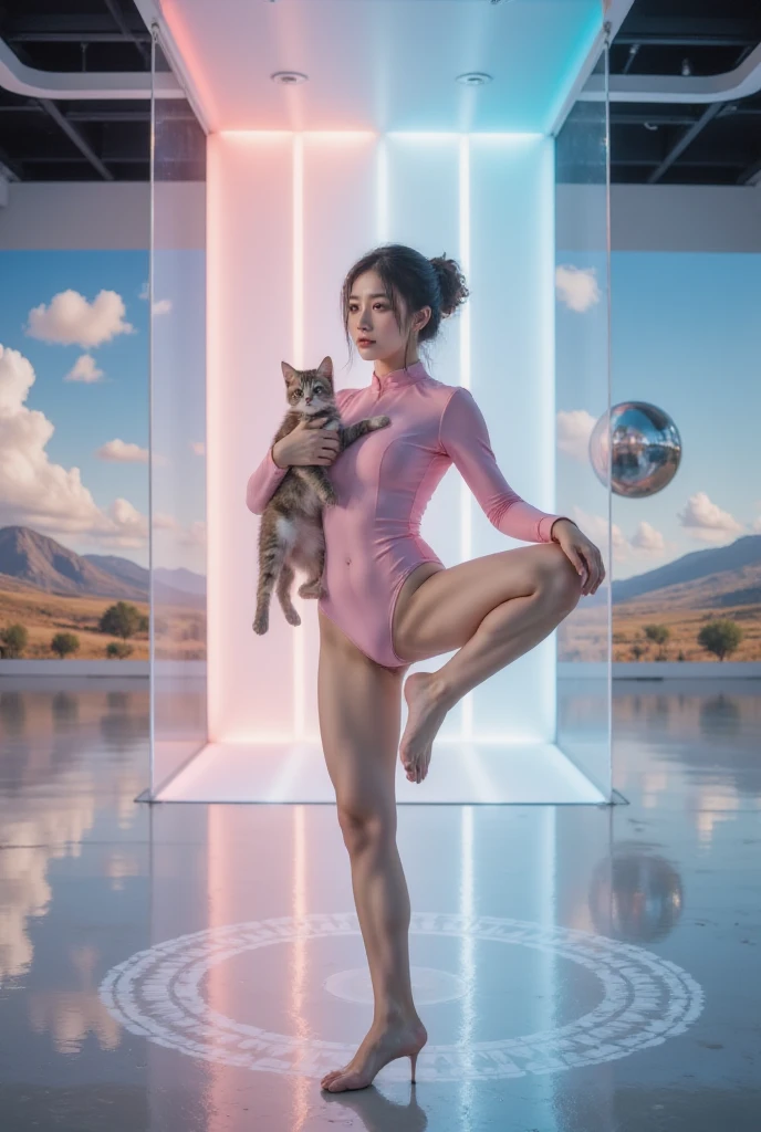  Future Museum ，（（（（（Standing Splits）））））， Transparent tights ， a pink space navy holding a cat,  cute fantasy background , rainbow,  spreading love meme , x holding y ,  Double Exposure ,  laser background or space background , photo, helmet，Outer Space