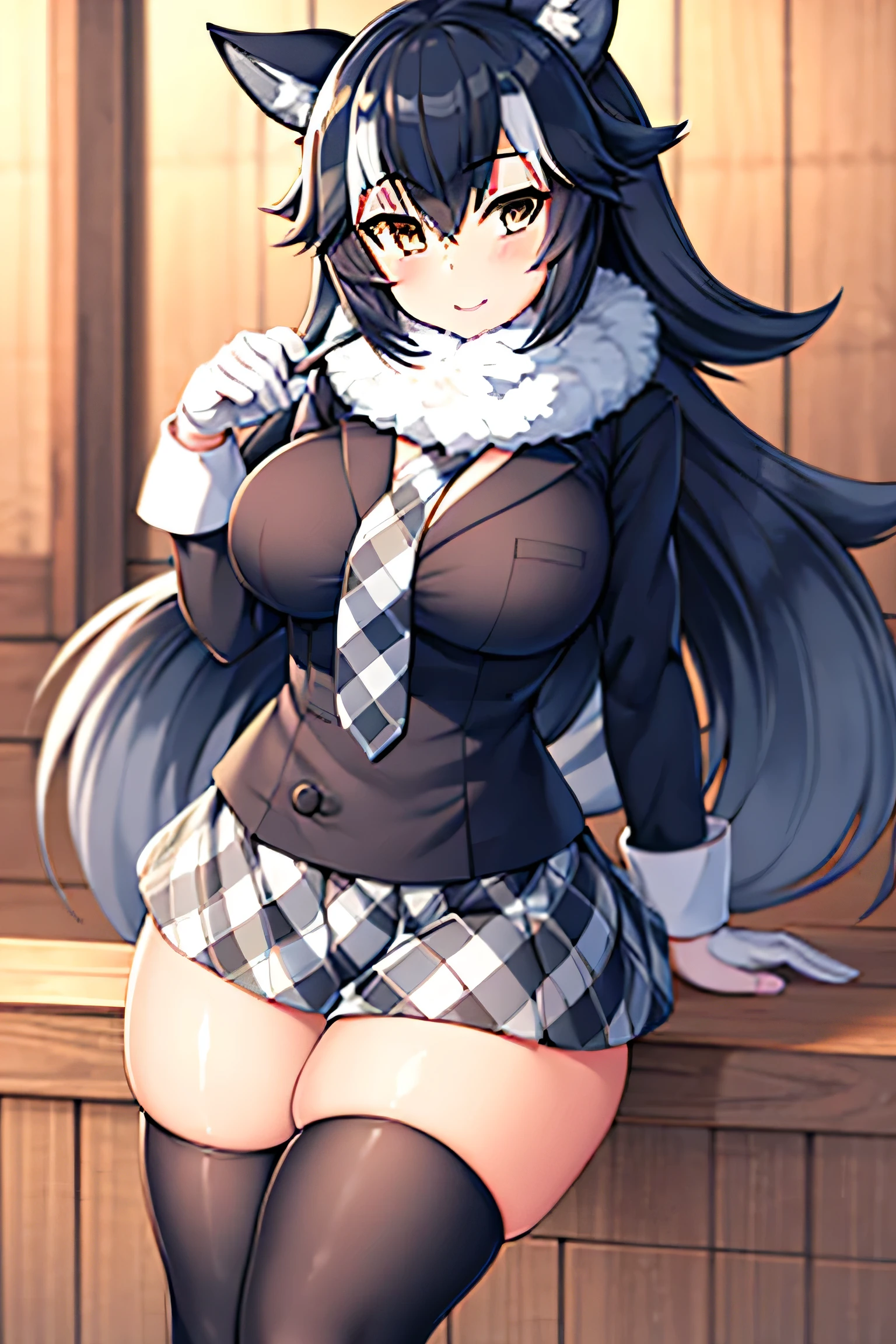 (best quality, high resoltion, one girl. wooden cottage) grey_wolf_(kemono_friends) Standing. tall, large breasts, large thighs, black stocking, scarf, tie.