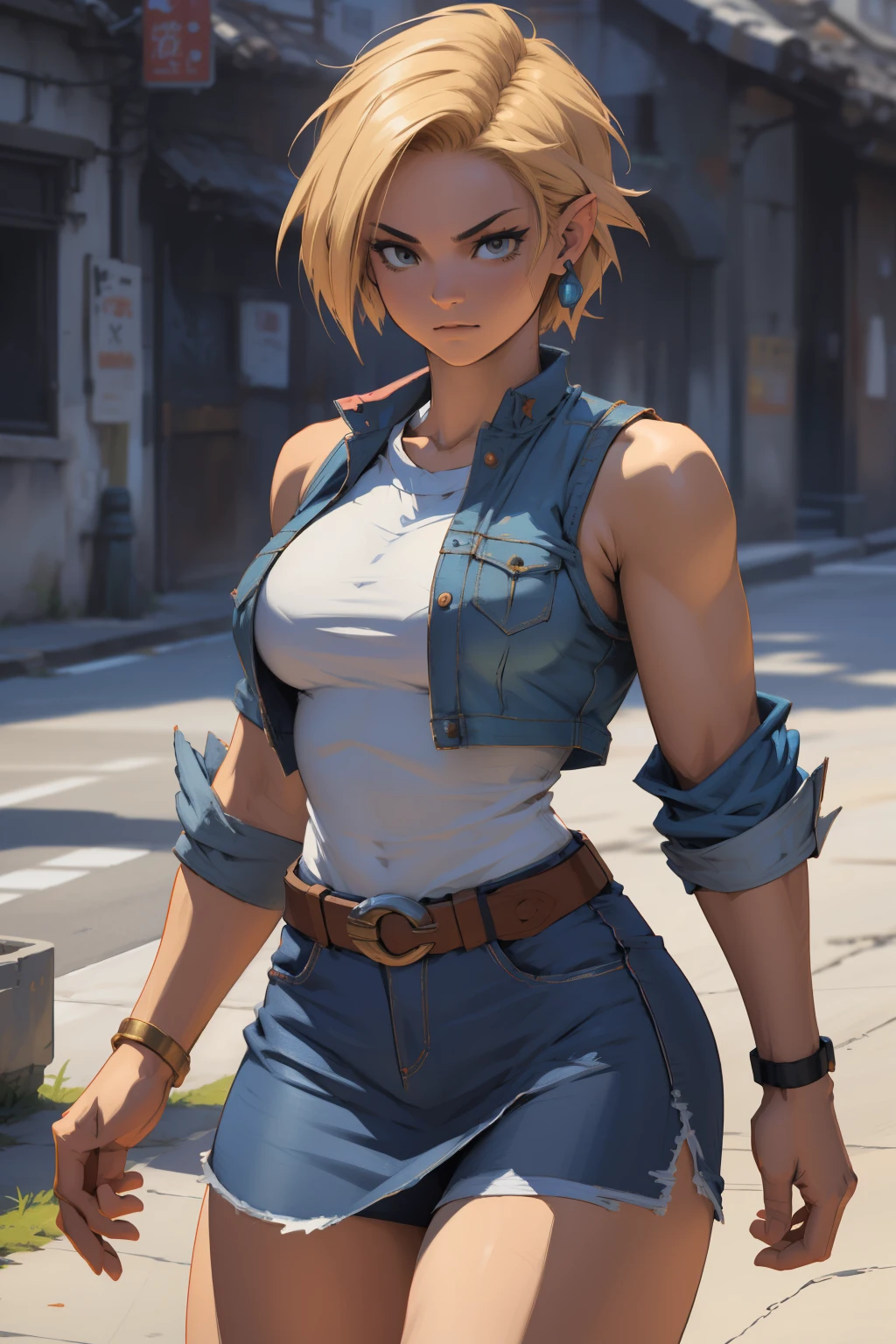 Hyper detailed image, UHD, 16k, professional photo, (Realistic photo of Android-18 From Dragon Ball Z) girl Goddess of beauty, very straight short blonde hair, serious face expression, ((she wears a blue denim jacket and a cropped white shirt, short white underground showing flesh of the breast)), erotic, open denim jacket showing her big, beautiful and perfect breasts, (breasts, long pointed breasts sticking out of the jacket), she wears a belt and a (raised blue denim skirt showing micro panties stuck in the pussy, bubian hair showing), brown boots, perfect hands and fingers,
android 18, sexy saiyan girl, Official Art, Android-18 Sexy female, official character art, sexy female protagonist, lean and fit curved body :8, Akiri Toriyama, Director: Akira Toriyama, Bulma from Dragon Ball, Best Character Design Anime, Akira Toriyama style, beautiful single character, half naked