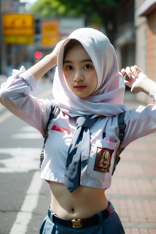 (((Ultra-HD-quality-details))) , school girl wearing hijab (Hijabi) ,Long Sleeve Buttoned Crop Navel Uniform ,indistinct ,low waisted long skirt  (like a belly dancer ) ,belt buckle  ,realistic,(8k resolusion)