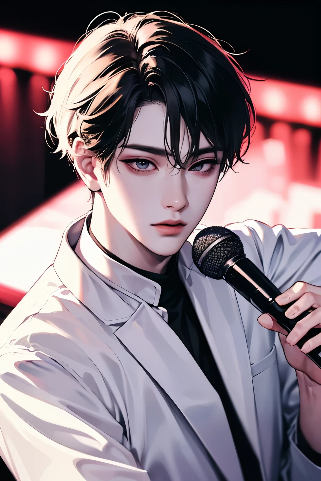 Male, kpop idol, idol clothes, holding microphone, handsome, stylish hair, stylish color hair, on the stage, detailed background, (masterpiece:1.21),(bestquality:1.21),8k,high detailed,ultra-detailed,photography,award winning,documentary,Original Photo,Realisticity,solo,physically-based rendering,depth of field,(low saturation:1.3),(1boy;1.4:1.1),a male,silm,Real Skin Texture,White Marble Glowing Skin,model,model(random_color_clothing:1.45),(random stylish pose action:1.1), (close up view shot)