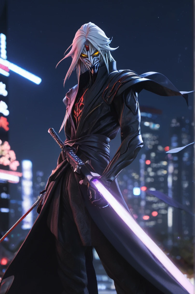 Ichigo Kurosaki Vasto Lorde, face with maximum detail in high resolution, faithful to the anime, facial expression in high resolution, clothes also with the highest possible fidelity and details, futuristic clothes and accessories, dynamic fighting poses with the Tensa Zangetsu sword, high rendering , futuristic neon city lighting, starry night.