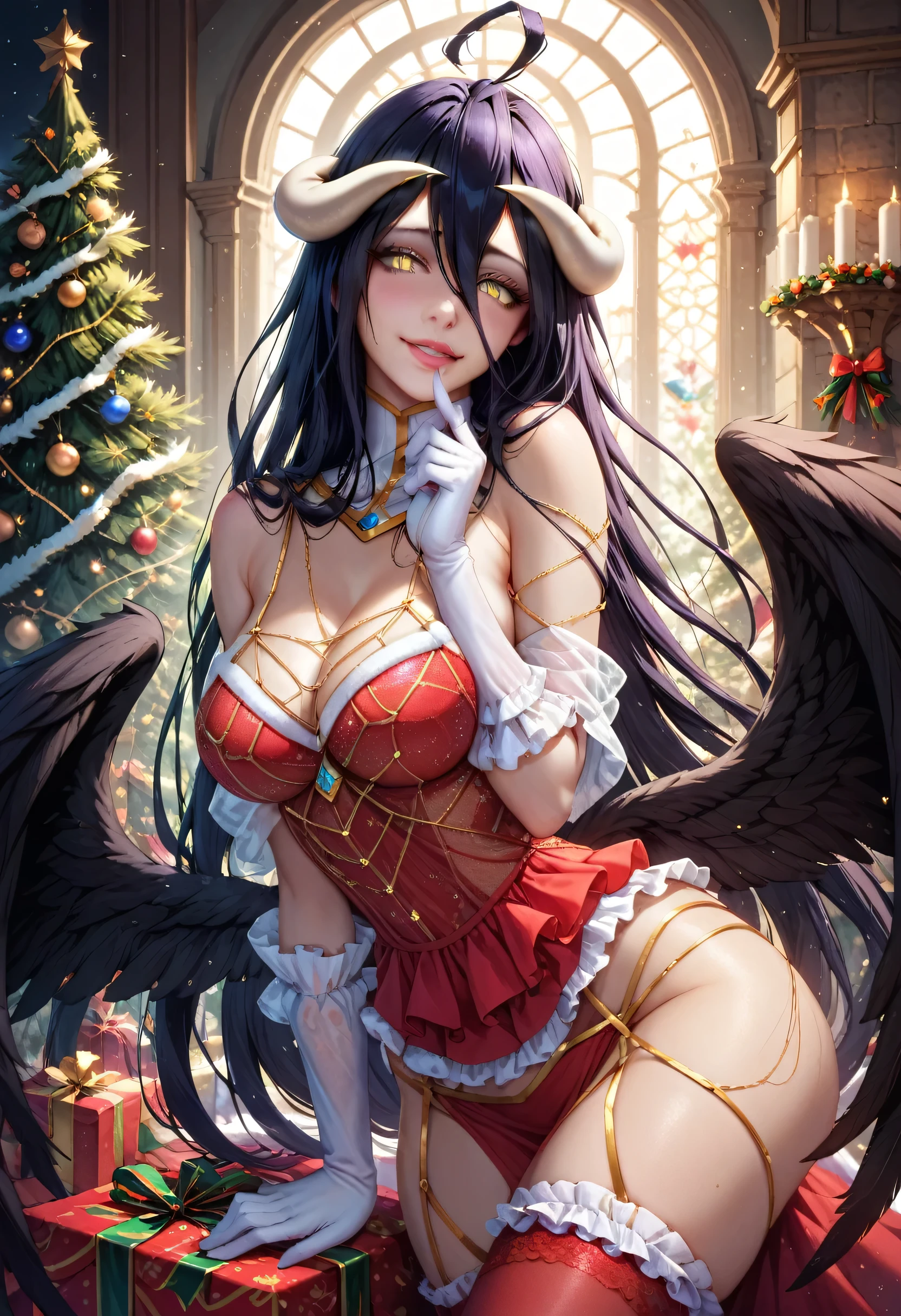  a girl,albedo,  long hair,   black hair , antlers, demon girl, antlers de demonio, albedo,   hair between the eyes  ,  yellow-eyed ,   Cleft pupils,    coloring anime  ,, Dress 1 + Head Accessory 1 +Collar 1 +Sleeves 2 ,  Sexy Lingerie Christmas Costume Passion Night Hip-Hugging Club Seductive Short Skirt Christmas Uniform Red,in a beautiful snowy landscape Christmas trees with spheres and gifts ...