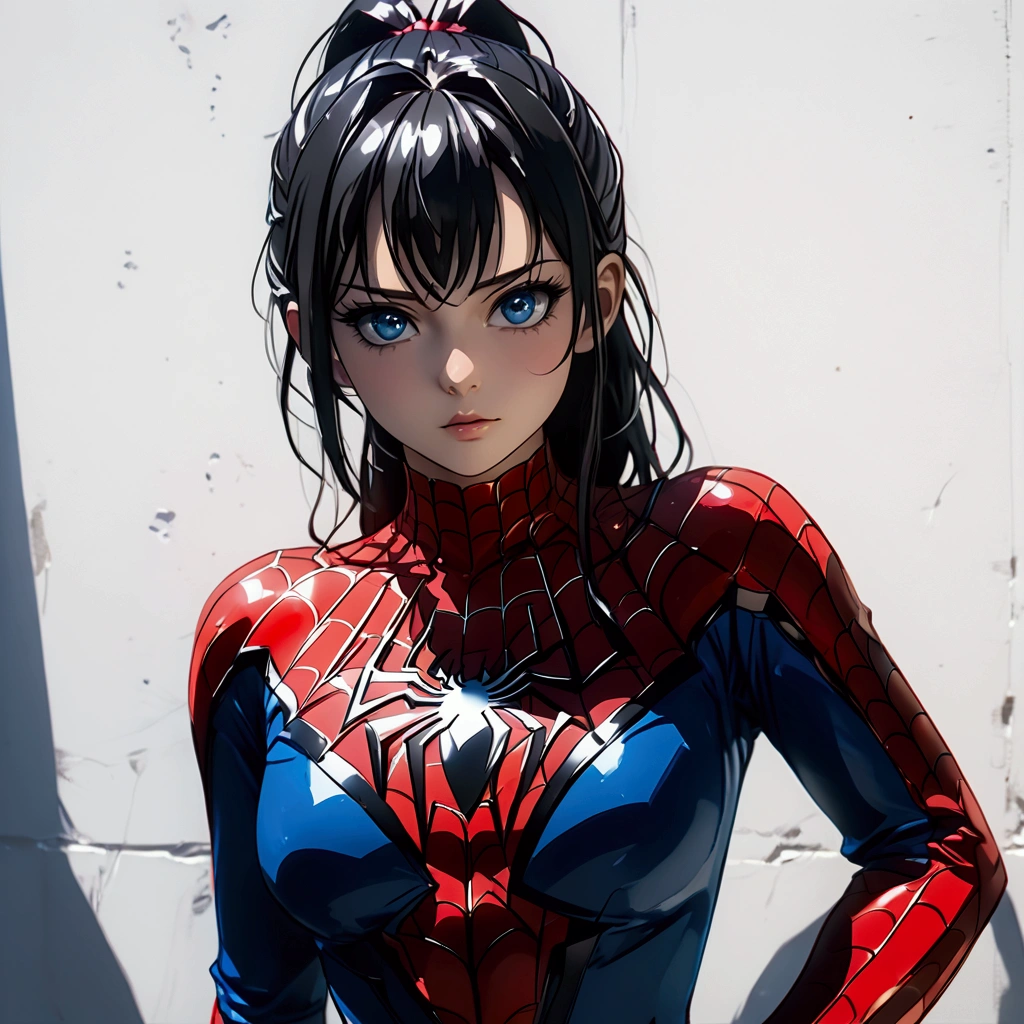  Anime girl standing front of white wall with different different pose girl looks black hair ponytail and blue eyes, sexy Spider-Man dress and mostly good big figure size, shadows details, light details, finger details, face details, hair details, eyes details, sexy pose, HDR.