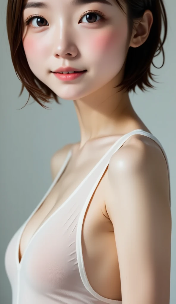  professional lighting、Very cute Japanese girl、 BEAUTIFUL GIRLS、smile、Very short hair, Delicate body、( flat chest)、Erect nipples (  wearing a wet white tank top、 Drenched ,   nipples are visible )、Full body images、
