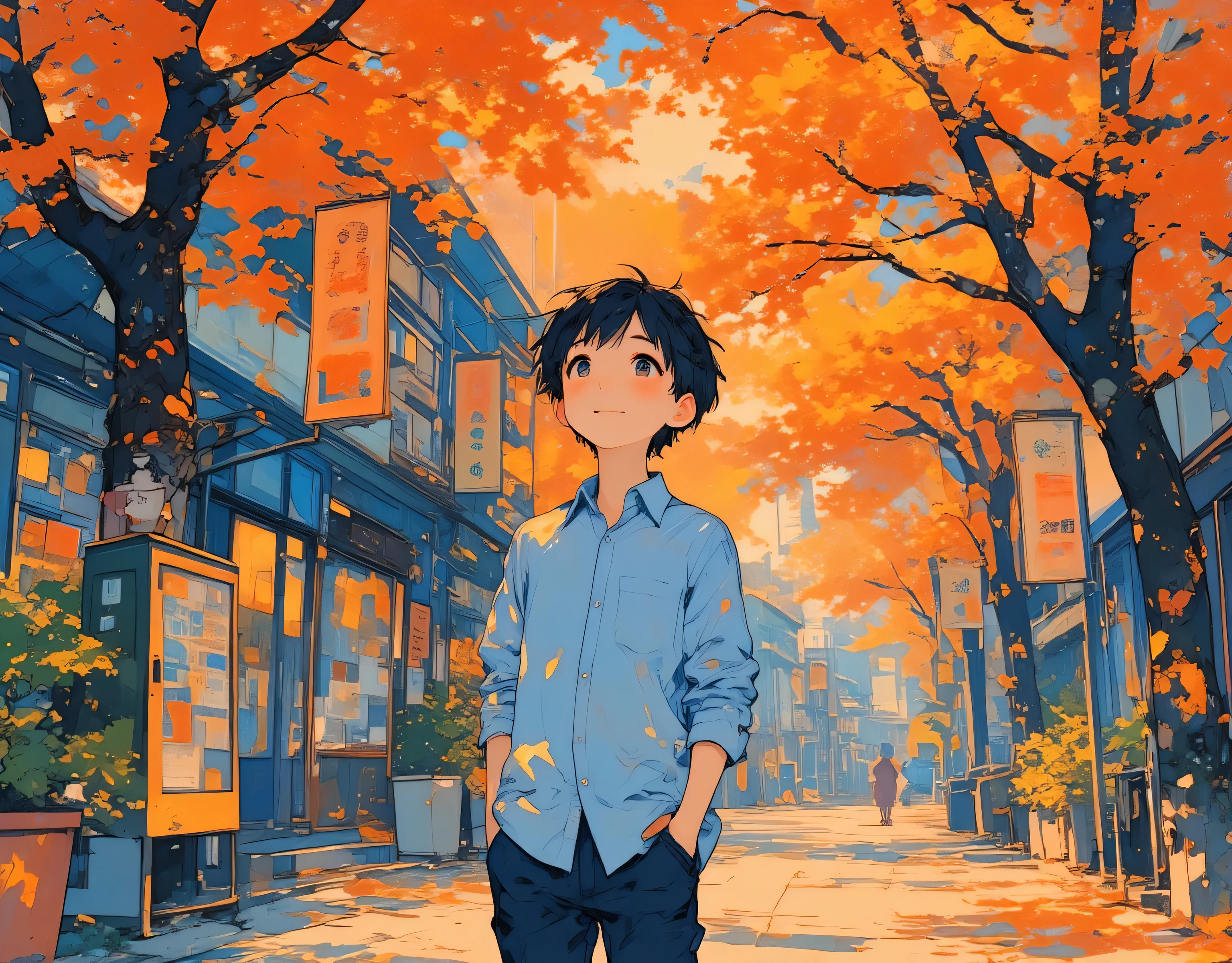 1boy, (young boy), solo, (about ), (very short hair), (black hair), (black eyes), (smile face), ((light navy blue shirt)), (dark jeans), (autumn foliage on the street trees), (best quality, high quality, top quality), (masterpiece), 8k, absurd-resolution, (detailed shading), ((front side view)), ((looking away)), ((looking up)), (cowboy shot), ((Arms in pockets)), vibrant colors, (full color), super fine illustration,