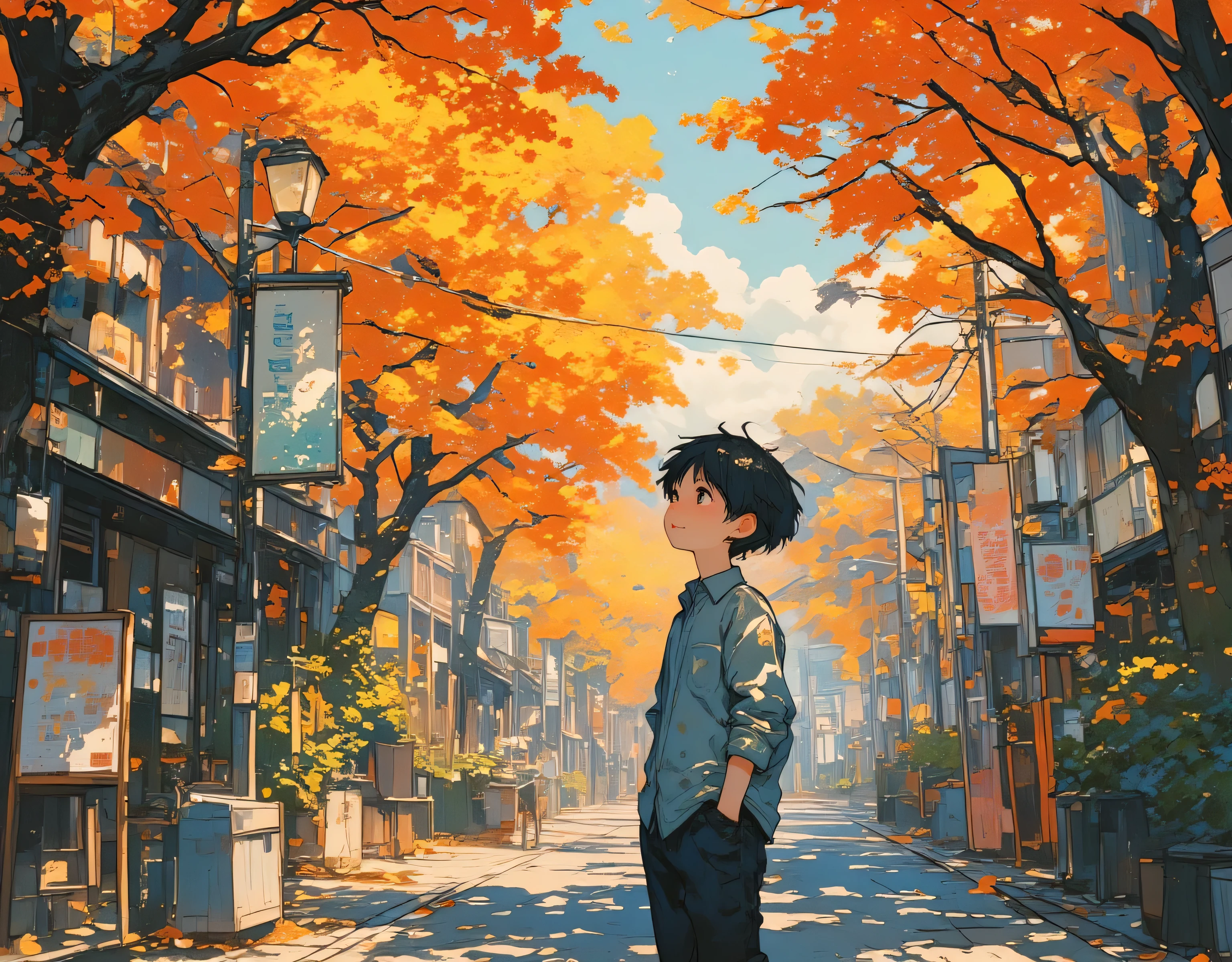 1boy, ( boy), solo, (about ), (very short hair), (black hair), (black eyes), (smile face), ((light navy blue shirt)), (dark jeans), (autumn foliage on the street trees), (best quality, high quality, top quality), (masterpiece), 8k, absurd-resolution, (detailed shading), ((front side view)), ((looking away)), ((looking up)), (cowboy shot), ((Arms in pockets)), vibrant colors, (full color), super fine illustration,