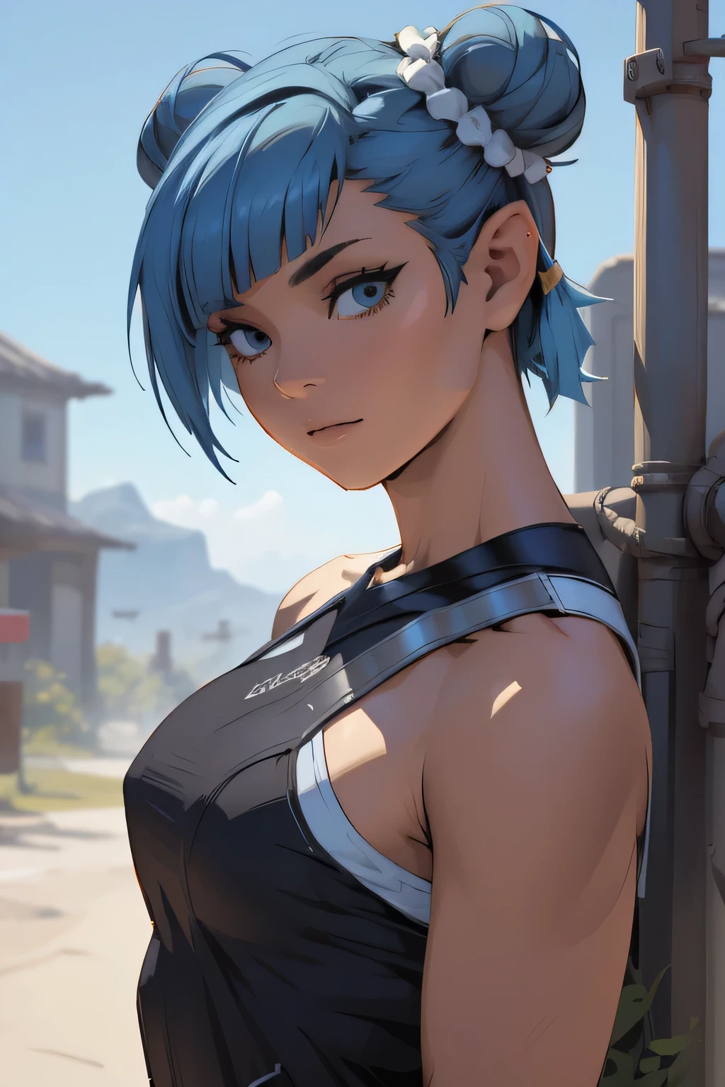 fantasy,concept art there is a woman with blue hair taking a selfie, short blue hair, with blue hair, blue short hair, short blue hair!!!, messy blue hair, halfbody headshot, blue hairs, blue hair, short blue haired woman, chloe price, sky blue highlights in hair, cyberpunk dyed haircut, flowing blue hair, brown hair with light blue ends, blue and black, LAUFEN, SHORT HAIR, DOUBLE BUN, BLUNT BANGS,