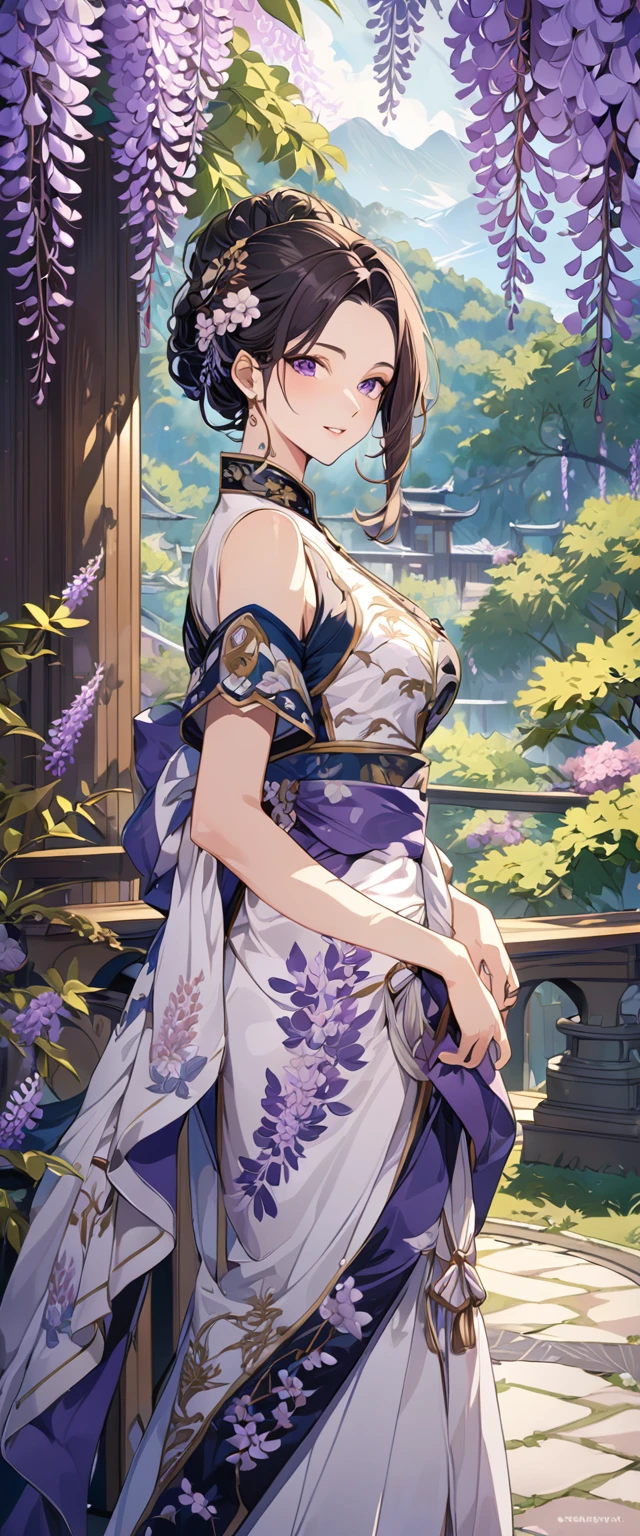 wisteria flower, wisteria tree, wisteria background, 8k ,4k , best quality, high quality, masterpiece, embroidery  clothes, big chest, all kind of hairstyle, inspired by Asukaziye artist : ask, art style : ask