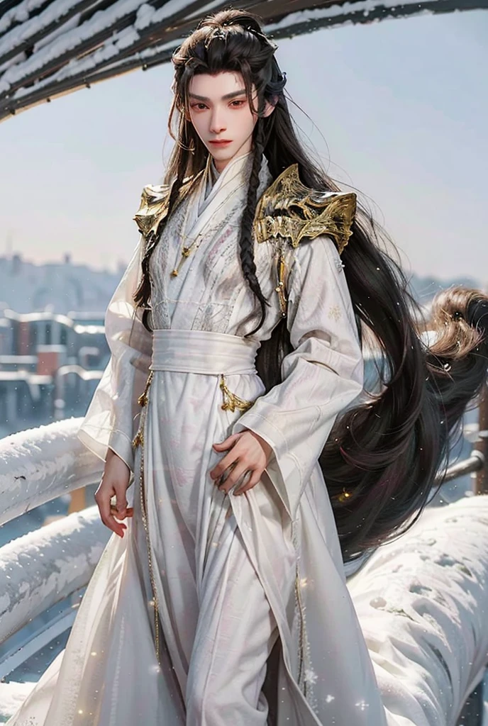 Young man, God, 18 years old,    black long hair,   gathered at the tail  ,  Gray eyes , Thick eyebrows,   looks gentle  , Bright skin,   white and gold china dress, White brush  ,   snow atmosphere  ,  Snow light  , magic, Fantasy,   walking in the air 