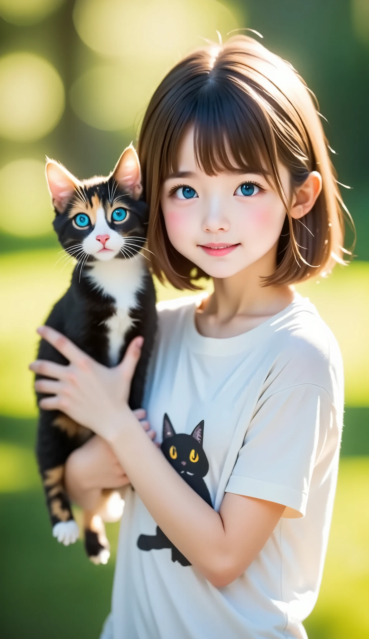 top-quality、 girl holding a calico cat、 blue eyed calico cat 、cute、 short bob、Dog illustration Ｔshirt、白いイラストTshirt、 natural appearance 、、Natural Light