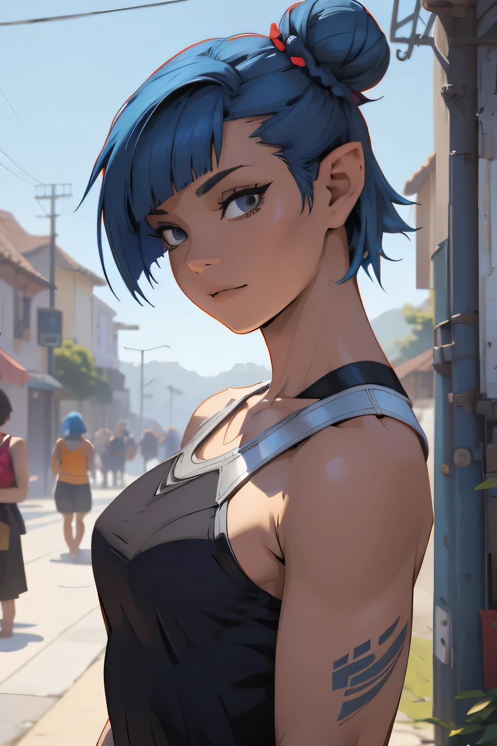 fantasy,concept art there is a woman with blue hair taking a selfie, short blue hair, with blue hair, blue short hair, short blue hair!!!, messy blue hair, halfbody headshot, blue hairs, blue hair, short blue haired woman, chloe price, sky blue highlights in hair, cyberpunk dyed haircut, flowing blue hair, brown hair with light blue ends, blue and black, LAUFEN, SHORT HAIR, DOUBLE BUN, BLUNT BANGS,