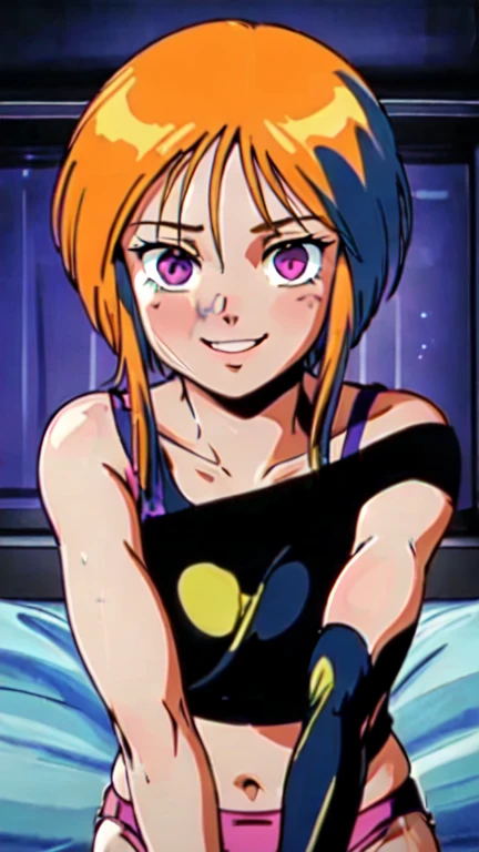 nsfw、solo、masterpiece, high quality, Ultra HD, high definition、1 girl,Elpeo Ple、1990s Style、 short stature 、short hair, orange hair,bangs,short hair with long locks, side lock, hair between eyes ,Light purple pale eyes、 is short、colorful satin bra、colorful satin panties、 looking over here、Droopy eyes、smile、True Face、Ultra Close-Up、 on the bed、 normal breasts、 slender,、Handjob、fellatio、 erect penis、 has a dildo in his hand、looking at viewer、 neon colored lights to open lips vertically、 seductive pose 、 Sexy Poses、dark,dark room,Chiaroscuro