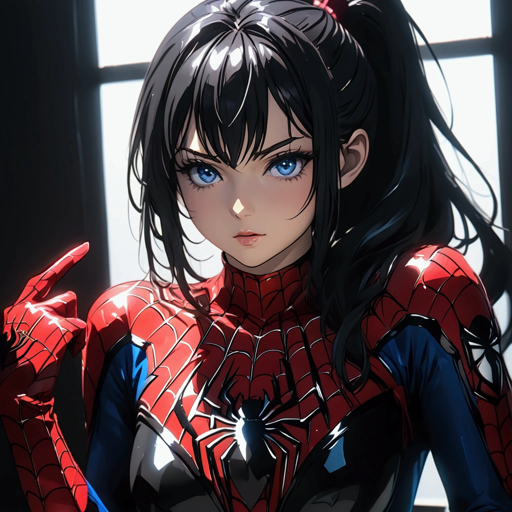  Anime girl looks black hair long ponytail and blue eyes, sexy small Spider-Man costume and mostly good big figure size, shadows details, light details, finger details, face details, hair details, eyes details, sexy pose, HDR.