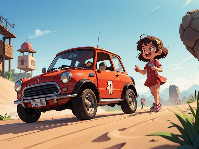  octane rendering 、( hyper-detail with standing nipples: 1.2)、(Soft light、sharp: 1.2)、morning、In the desert、Sunayama ， very small old red modified mini car rally car，Front spoiler，Rear wing，Over fender，Very short dress、cute young girl ，Driving a car， dynamic driving experience ，Sand Planet，Desert Rally，Fast and Agile，Jump，sneakers， anatomically accurate，Laughter， dazzling light ，It will happen:1.2，Tamiya box art:1.2，