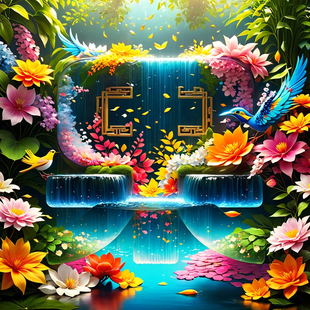 singing birds and fragrant flowers,(Best Quality),(Masterpiece),(Realistic, Digital Art),(Ultra Detailed),Surface Sculpture,Detailed Surface Textures,Floating Chinese Characters,Transparent Water,Surrealist Dream Style,Organic Fluids,Ray Tracing,Many Colorful Flowers,Foreground Obstructed by Flowers and Plants,Natural light,fallen leaves,c4d,OC rendering,