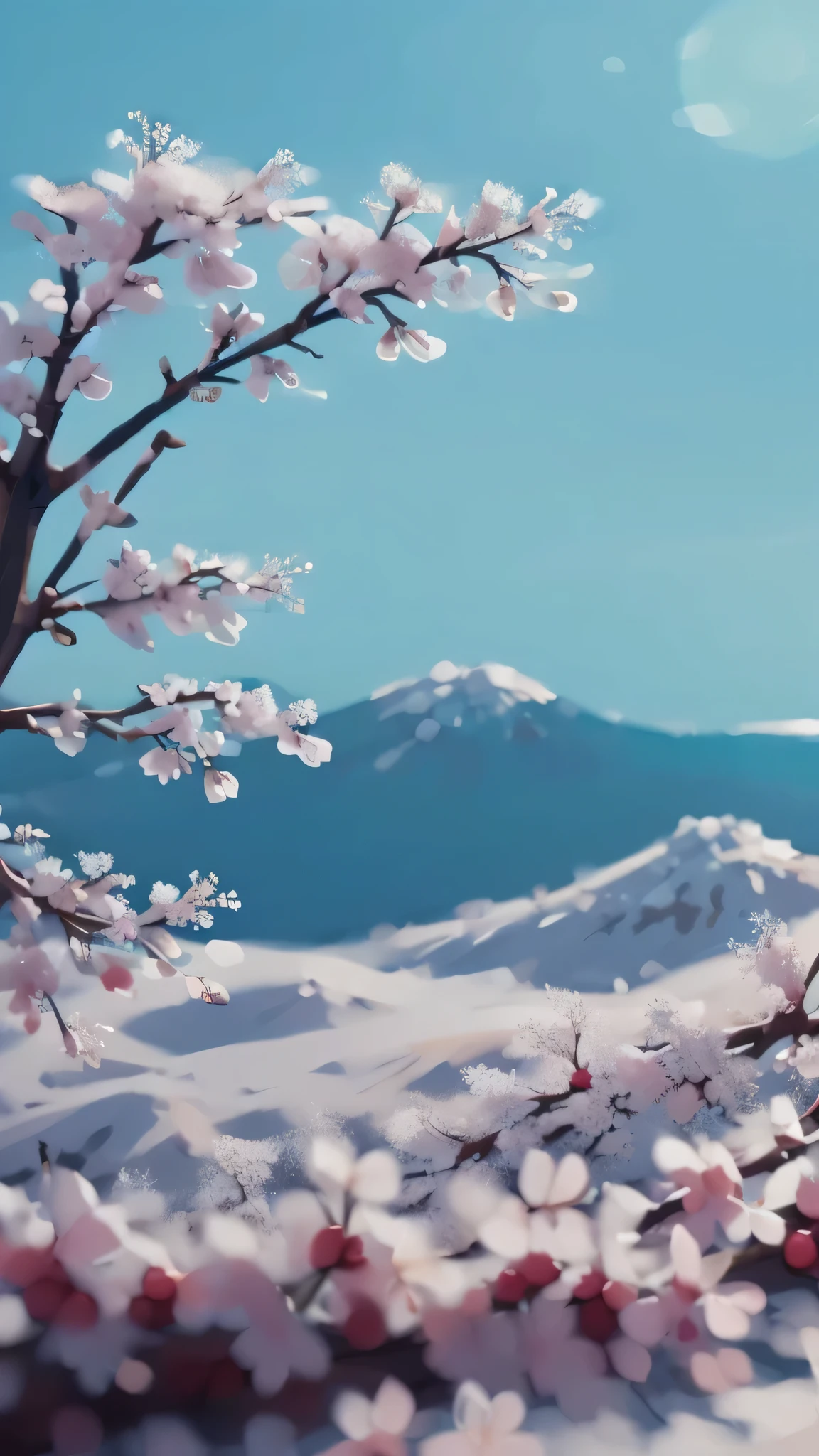 Clear cherry blossoms, snowy mountain sticker, slight sunlight