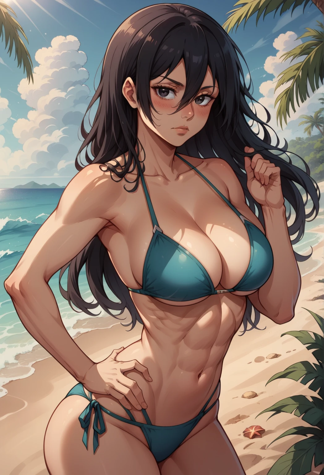 score_9, score_8_up, score_7_up, mikasa_ackerman, young, black hair, black eyes, hair between eyes, long hair, large breasts, bikini, cleavage, one hand on hip, arched back, blush, looking at viewer, full view; Beach, golden sand, turquoise water, clear sky, palm trees, gentle waves, sunlight, tropical, peaceful, relaxing atmosphere, masterpiece best quality
