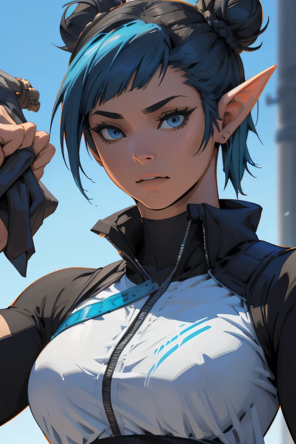 a close up of a cartoon of a woman on, by Yoshihiko Wada, style of masamune shirow, by Masamune Shirow, artgerm and james jean, inspired by Masamune Shirow, krenz cushart and artgerm, by Otomo Katsuhiro, artgerm and lois van baarle LAUFEN, SHORT HAIR, DOUBLE BUN, BLUNT BANGS, Laofen, brown hair, double bun, blue eyes, hair_ornament, elf girl, elf female, beautful body fantasy,concept art there is a woman with blue hair taking a selfie, short blue hair, with blue hair, blue short hair, short blue hair!!!, messy blue hair, halfbody headshot, blue hairs, blue hair, short blue haired woman, chloe price, sky blue highlights in hair, cyberpunk dyed haircut, flowing blue hair, brown hair with light blue ends, blue and black, LAUFEN, SHORT HAIR, DOUBLE BUN, BLUNT BANGS,