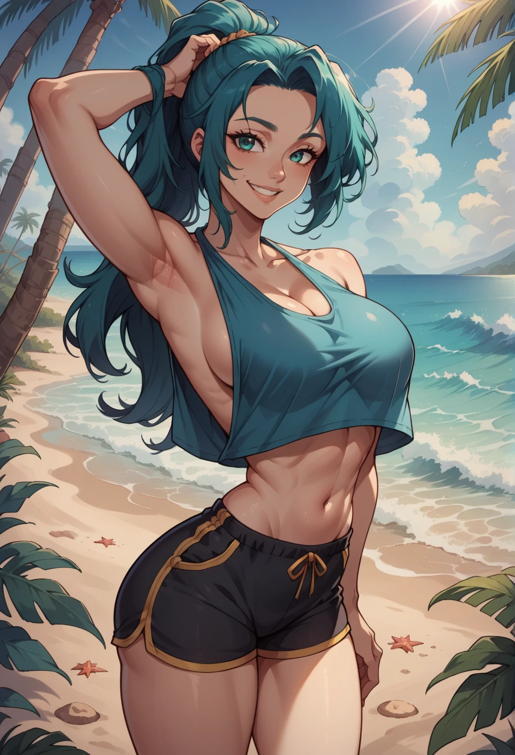 1girl, beautiful fair skin, blue eyes, long wavy green hair, white tank top, yoga pants, medium , cleavage, large breast, dynamic poses, toned abs, cute shy smile, blushing