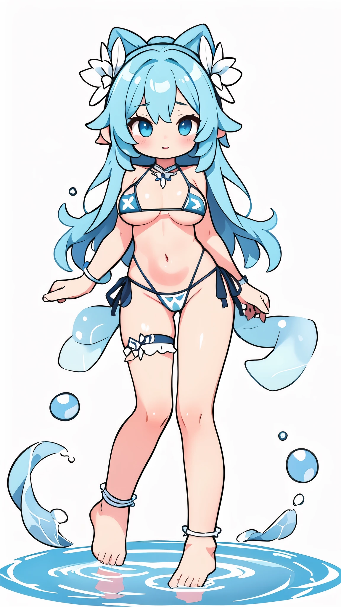 Long Hair, chest, View your viewers, blush, smile, Open your mouth, bangs, blue eyes, 大きなchest, Knee socks, gloves, ribbon, belly button, chestの谷間,  Transparent swimsuit, whole body, Gray Hair, 巨大なchest， (巨大なchest: 1.8), Green Hair, horn, Pointed Ears, Blunt bangs, Raise your arms, (１People Girls),  (Side tie bikini bottom), (Transparent micro bikini), (（White tiny micro bikini）), wave hands